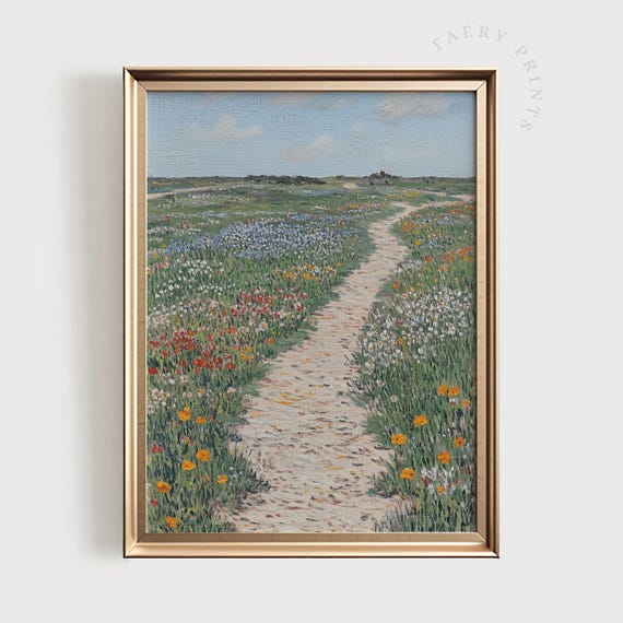 野生の花の風景アートプリント | 花の田園風景の印刷可能なウォール