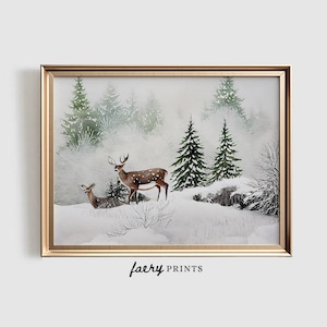 Pintura navideña en acuarela / Arte mural imprimible digital / Impresión de ciervos en el bosque / Decoración del hogar para las vacaciones de invierno / Obra de arte con árboles nevados / N.° 351