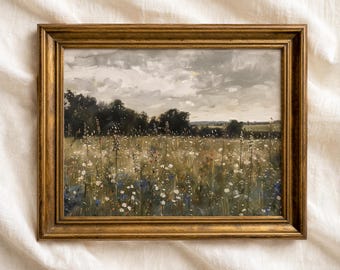 Lámina con paisaje de flores silvestres: Pintura vintage en tonos neutros, arte mural campestre para casa de campo (imprimible)