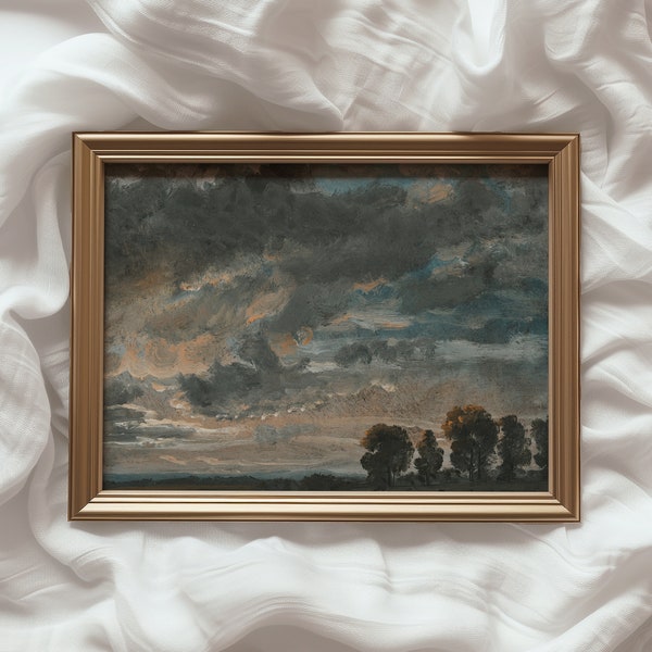 Wolkstudie schilderij | AFDRUKBARE muurkunst | Dramatische lucht boven silhouetbomen | Rustige landschapsprint | Rustiek huisdecor | #649