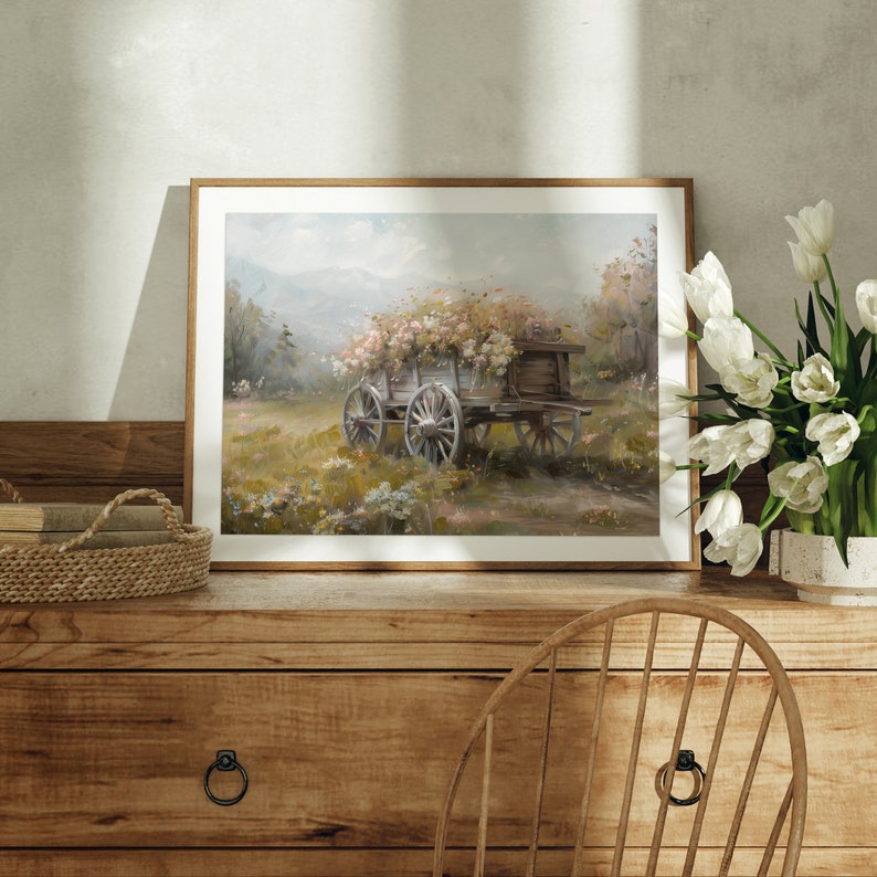 May include: A vintage wooden wagon filled with white and pink flowers, set against a soft, green, and blue landscape. The wagon has four wheels and is pulled by a horse.