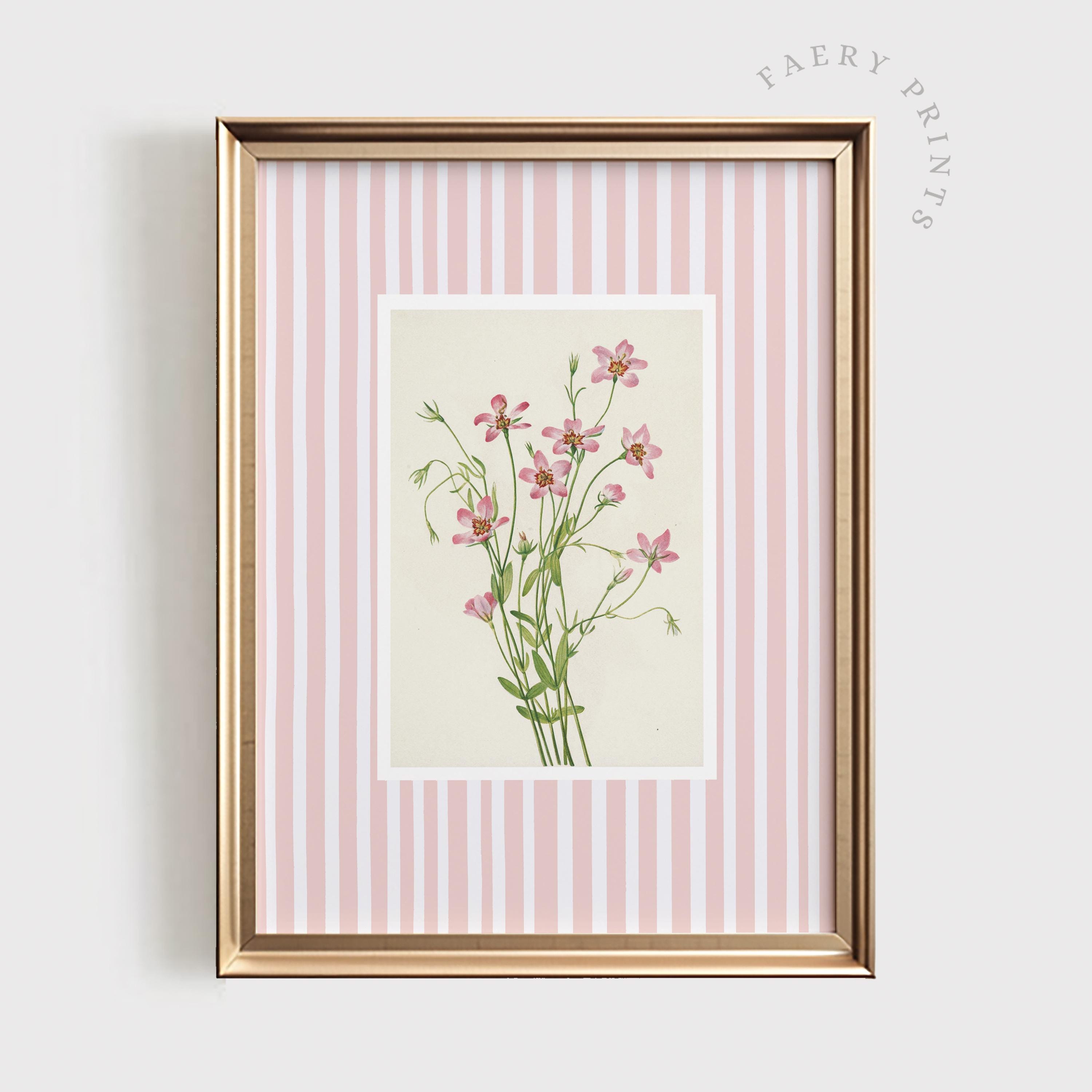 Pink Vintage Floral Print | Pastel Pink Stripe PRINTABLE Wall Art | Elegant Baby Girl Nursery Decor | Botanical Flower Wall Art | #1221