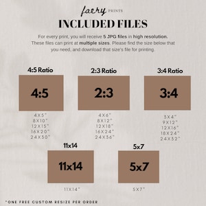 May include: A graphic showing different aspect ratios for digital prints. The ratios are 4:5, 2:3, and 3:4. Each ratio has a list of different sizes in inches, such as 4x5, 8x10, 12x15, 16x20, and 24x30. The text "*ONE FREE CUSTOM RESIZE PER ORDER" is at the bottom of the graphic.