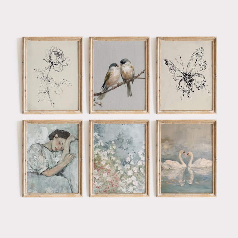 May include: Set of six framed vintage-style art prints. The prints feature botanical sketches, birds on a branch, a butterfly, a woman, floral arrangements, and swans. Each print is in a wooden frame, creating a cohesive gallery wall aesthetic.