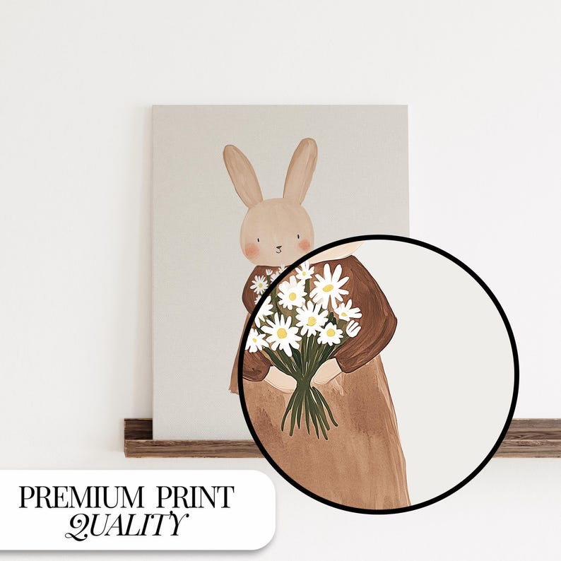 May include: A brown bunny with a white flower bouquet in a brown dress on a beige background.
