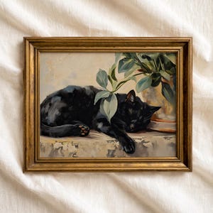 Lámina con estampado de gato negro durmiendo: decoración rústica neutra / arte de pared con planta en maceta (arte imprimible)