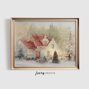Winter Print | Watercolor Christmas Painting | PRINTABLE Wall Art | Festive Holiday Home Decor | Snowy House Artwork Digital Print | #371