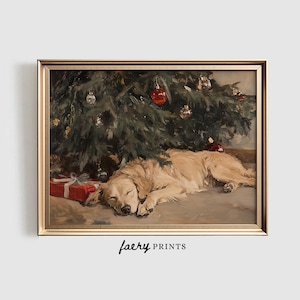 Impresión navideña de perro durmiendo / Arte de pared imprimible navideño / Impresión de golden retriever / Decoración navideña / Descarga digital navideña / N.° 1014