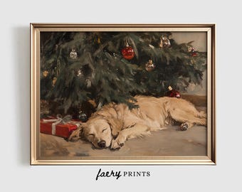 May include: A painting of a golden retriever dog sleeping under a Christmas tree decorated with red ornaments. The dog is lying on its side with its head resting on a red gift box.