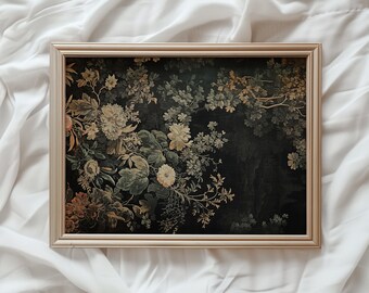 Tapiz estampado floral oscuro / Arte textil vintage para pared (descarga digital)