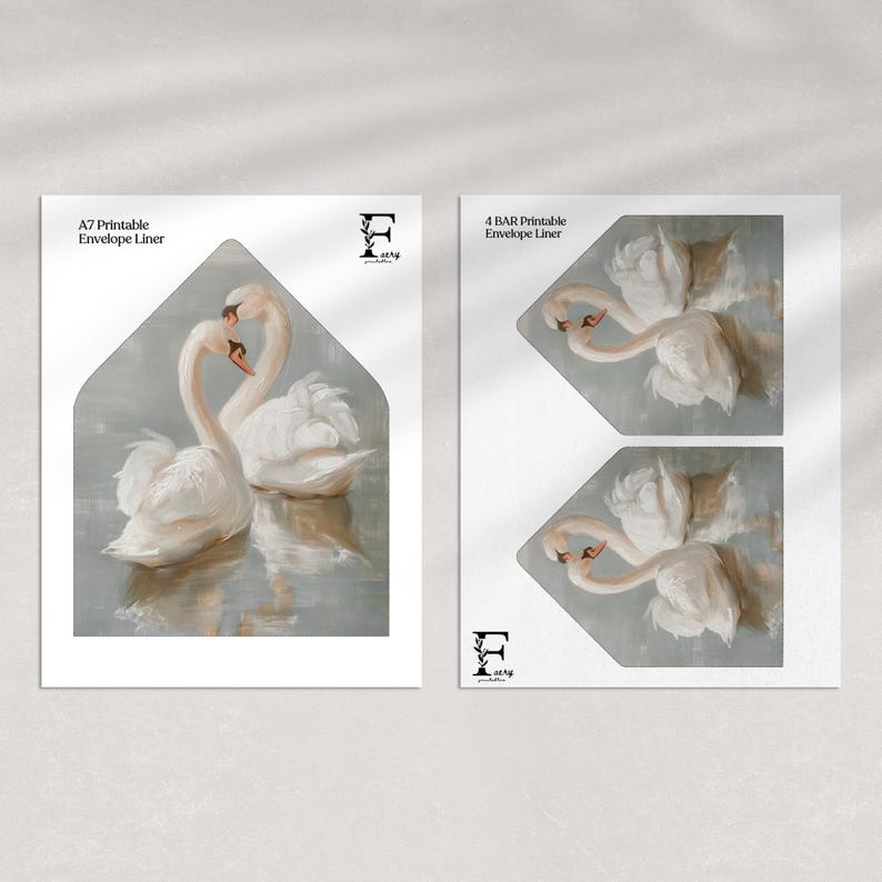 May include: Printable envelope liner featuring a watercolour painting of two white swans with their heads touching. The swans are on a light blue background with a subtle watercolour effect.