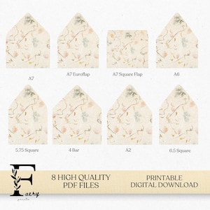 May include: Eight printable digital download files of envelope designs with a floral pattern in shades of pink, beige, and green. The envelope sizes are A7, A7 Euroflap, A7 Square Flap, A6, 5.75 Square, 4 Bar, A2, and 6.5 Square.