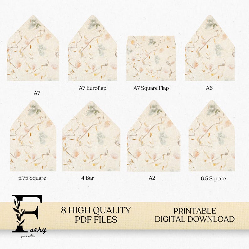 May include: Eight printable digital download files of envelope designs with a floral pattern in shades of pink, beige, and green. The envelope sizes are A7, A7 Euroflap, A7 Square Flap, A6, 5.75 Square, 4 Bar, A2, and 6.5 Square.