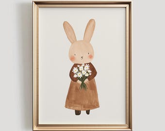 Kunstprint konijn kinderkamer | Boho Floral Rabbit, kinderkamer (digitale download)