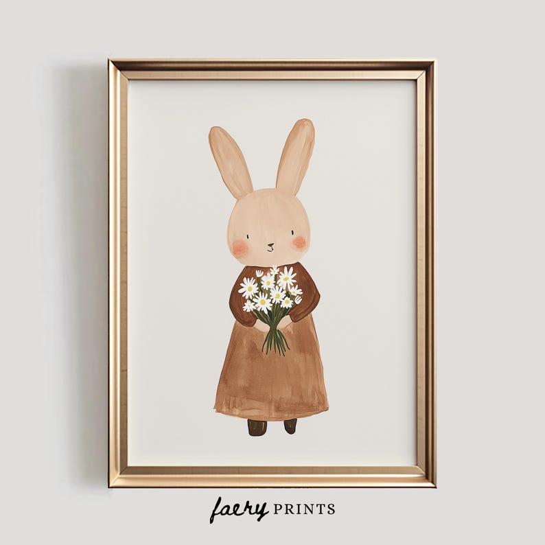 May include: A brown bunny rabbit with a brown dress and white flowers in its paws. The bunny is standing on a white background. The image is framed in a gold frame.