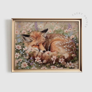 May include: A painting of a red fox sleeping in a field of pink and white flowers. The fox is curled up with its head resting on its paws. The flowers are in bloom and the background is a soft green.