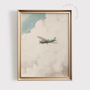 Arte de pared imprimible con diseño de avión vintage, ilustración de avión en acuarela, arte de pared con cielo nublado, decoración rústica de aviación para habitación de bebé, n.° 1176