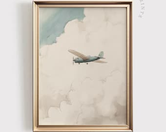 Lámina vintage de avión en acuarela / Arte infantil con cielo (Descarga digital)
