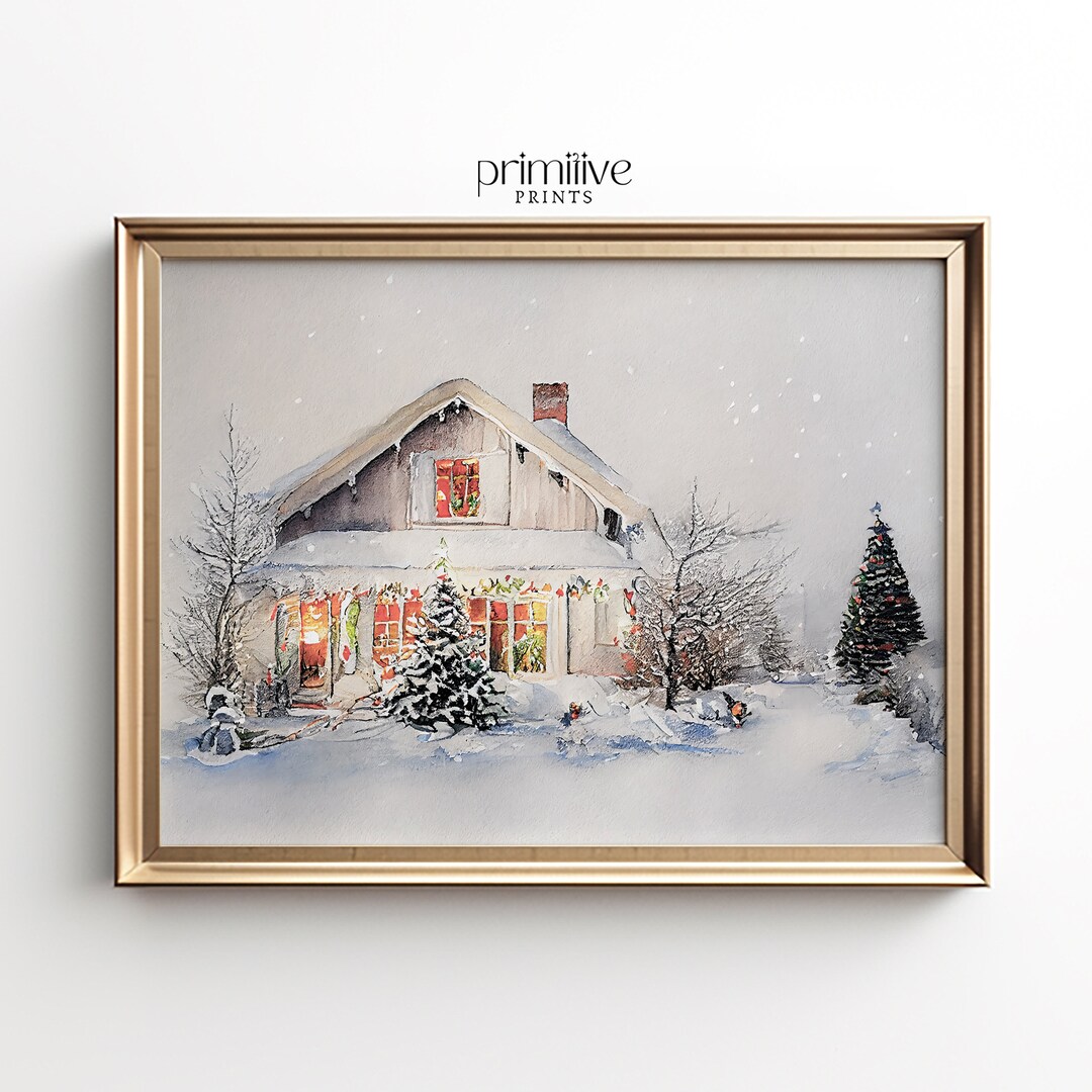 Christmas House Painting Digital PRINTABLE Wall Art Winter Watercolor