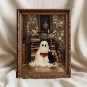 Halloween Ghost Cat Reading Print | Spooky Library Decor (Digital Download)