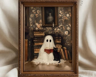 Halloweenowy duch kota czytającego | Upiorna dekoracja biblioteczna (pobranie cyfrowe)