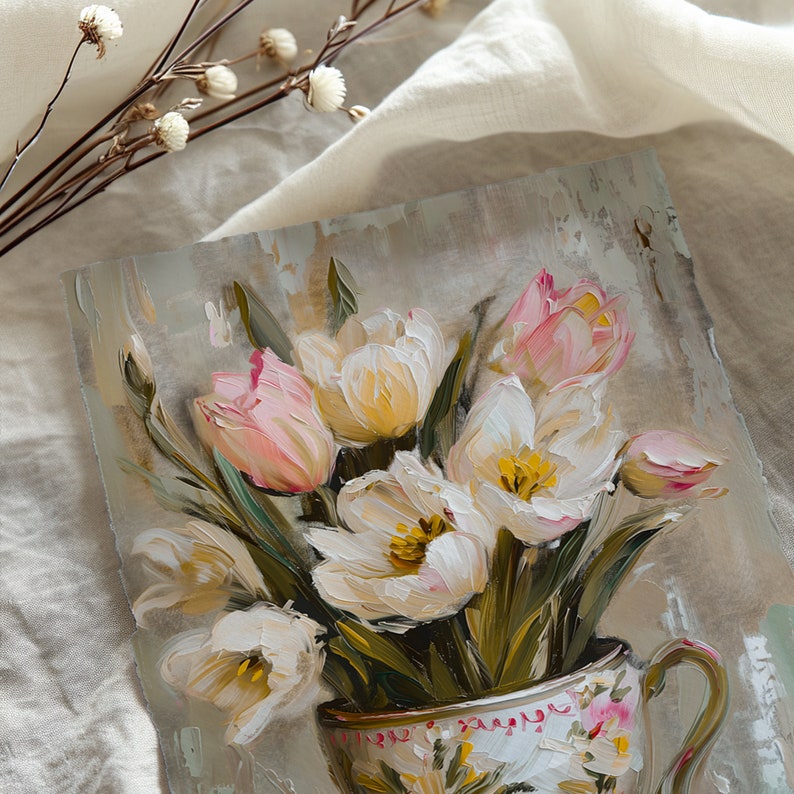 May include: A painting of a bouquet of white and pink tulips in a vintage teacup. The tulips are arranged in a vase with a floral pattern. The background is a light brown color.