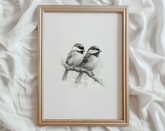 Chickadee Print | PRINTABLE Wall Art | Bird Sketch | Two Birds Digital Artwork | Monochromatic Nursery Print | Neutral Animal Art | #488