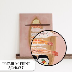 May include: A pink and brown illustration of a sushi platter with shrimp and a slice of lemon. The platter is filled with sushi rolls and shrimp. The shrimp are arranged in a row, with the tails facing up. The sushi rolls are arranged in a row, with the rice facing up. The lemon slice is placed on top of the sushi rolls.