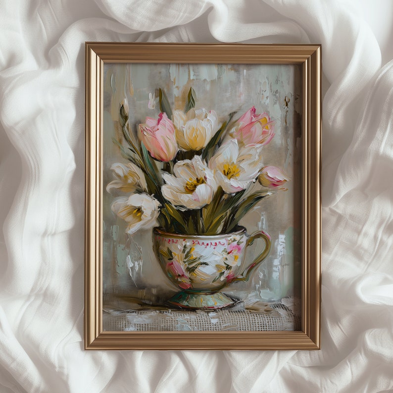 May include: A painting of a bouquet of pink and white tulips in a vintage teacup. The flowers are arranged in a vase with a floral pattern. The background is a soft, muted color.