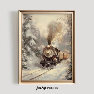 Peut inclure: Une peinture de style vintage d'un train à vapeur décoré de guirlandes rouges et vertes, traversant une forêt enneigée. Le train est entouré d'arbres couverts de neige et d'une légère couche de neige au sol.