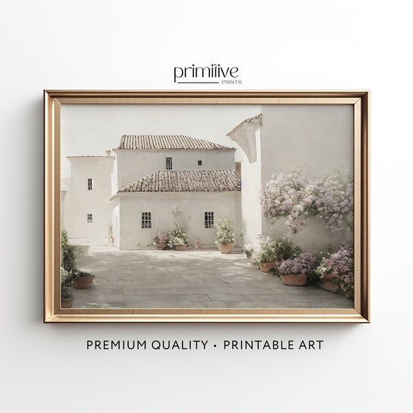 European Villa Print | Digital PRINTABLE Wall Art | White Architecture Painting | Neutral Spanish Style Home Decor | Delicate Artwork | #264