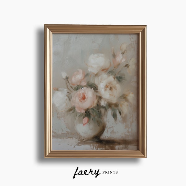 Pink and White Peony Painting | Vintage Floral PRINTABLE Wall Art | Elegant Impressionist Print | Pastel Antique Artwork | #792