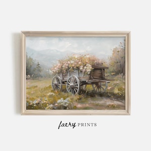 May include: A vintage wooden wagon filled with pink and white flowers, parked in a field with green grass and a mountain range in the background. The wagon has wooden wheels and a wooden frame.