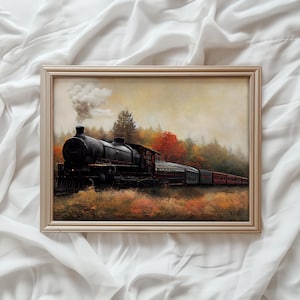 Autumn Landscape Print, Vintage Steam Train Wall Art, Fall Foliage Wall Decor, Farmhouse Printable Art, Fall Home Decor Digital Artwork