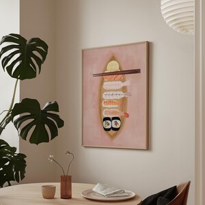 May include: A pink and white illustration of sushi on a wooden plate. The sushi includes shrimp, avocado, and cucumber. The plate is surrounded by chopsticks.