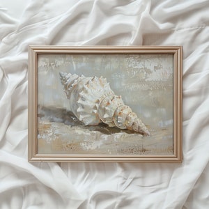 Puede incluir: Una pintura enmarcada de una concha blanca con una superficie texturizada. La concha está sobre un fondo beige con un lavado gris claro.