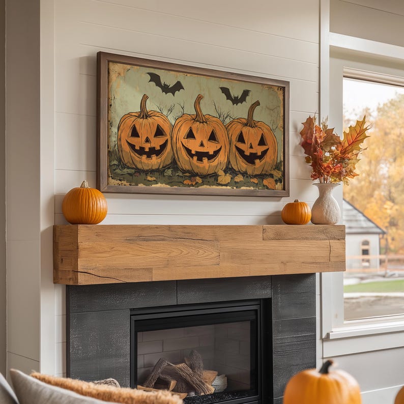 May include: A vintage-style Halloween print featuring three jack-o'-lantern pumpkins with carved faces. The pumpkins are arranged in a row and have a light blue background with bats flying above them.