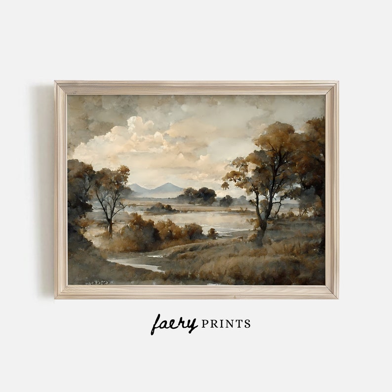 May include: A watercolor painting of a landscape with a lake, trees, and mountains in the background. The sky is a light blue with white clouds. The colors are muted and the overall tone is serene.