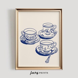 May include: Three blue and white teacups with saucers and a spoon, drawn in a simple line art style on a cream background.