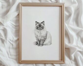 ヴィンテージラグドール猫スケッチ画ペットミニマルラインウォール