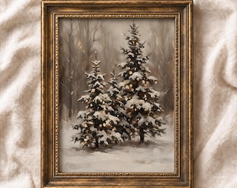 Snowy Christmas Tree PRINTABLE Art: Vintage Winter Landscape, Neutral Holiday Wall Decor (Digital Download)