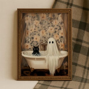 Lámina de baño con fantasmas y gatos / Arte espeluznante para el baño de Halloween (Descarga digital)