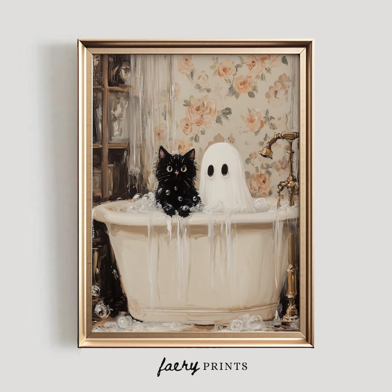 May include: A black cat and a white ghost are having a bath together in a white bathtub with bubbles. The bathtub is in a bathroom with floral wallpaper.