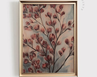 May include: A framed painting of a stylized floral branch with pink and red blossoms against a blue and white background.