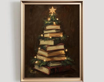 Lámina decorativa con diseño de árbol de Navidad y libros / Decoración navideña para bibliotecas (Descarga digital)