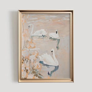 Zwaan AFDRUKBARE Wall Art Print | Zacht schilderij van academia-zwaan | Pastelroze zwaan-op-meer-print | Elegante woondecoratie | #811