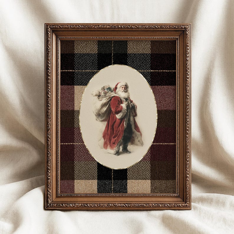 May include: A framed Christmas print featuring Santa Claus carrying a sack of toys. The oval image is set against a plaid background in shades of brown, black, and burgundy. The frame is a dark wood color.
