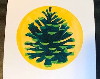 Happy Green Pinecone with Yellow Background Watercolor Print