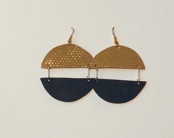 Gold-Dotted Tan and Navy Earrings