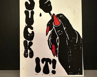 Suck it! Linocut print in black and red